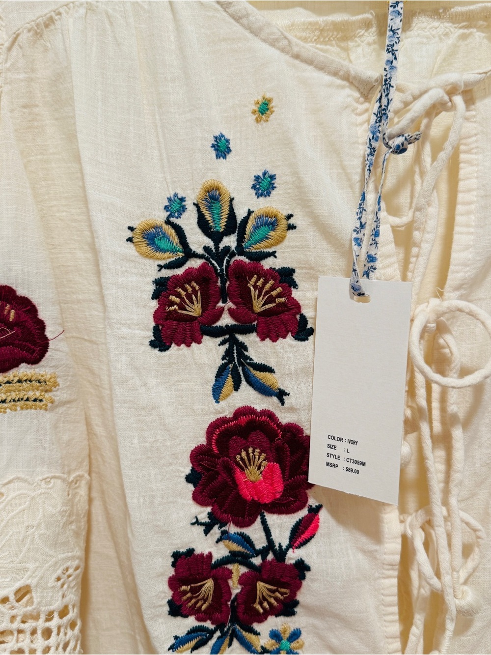 Jennifer & Grace Cream Embroidered Tie-Front Blouse - Picture 5 of 11